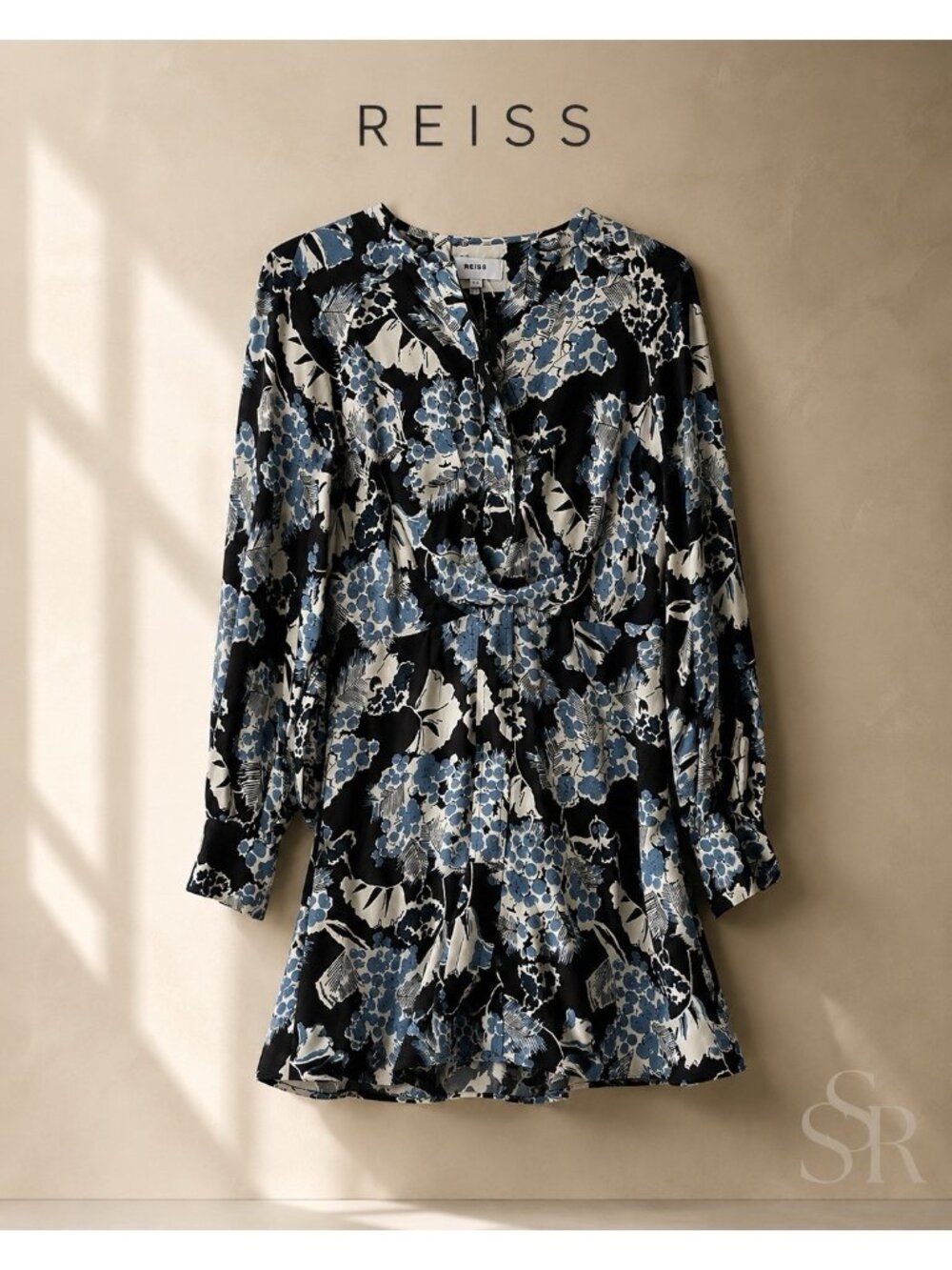 REISS Abbie Floral Print Mini Dress US 0 Blue Viscose Long Sleeve Tie Waist NWOT